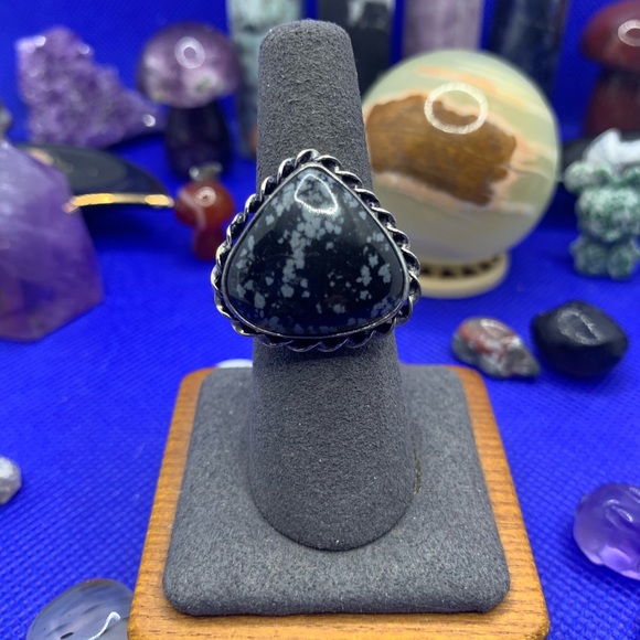 Comfort Curl ADJUSTABLE Beautiful Snowflake Obsidian Ring! .925 Sterling Overlay - Picture 1 of 16